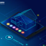 Smart home control showing house wireframe on a tablet