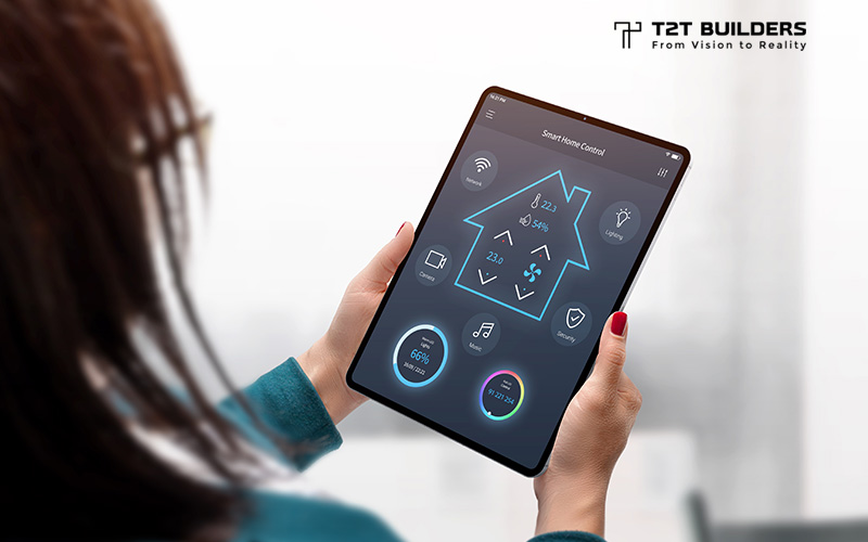 Woman using tablet to control smart home system